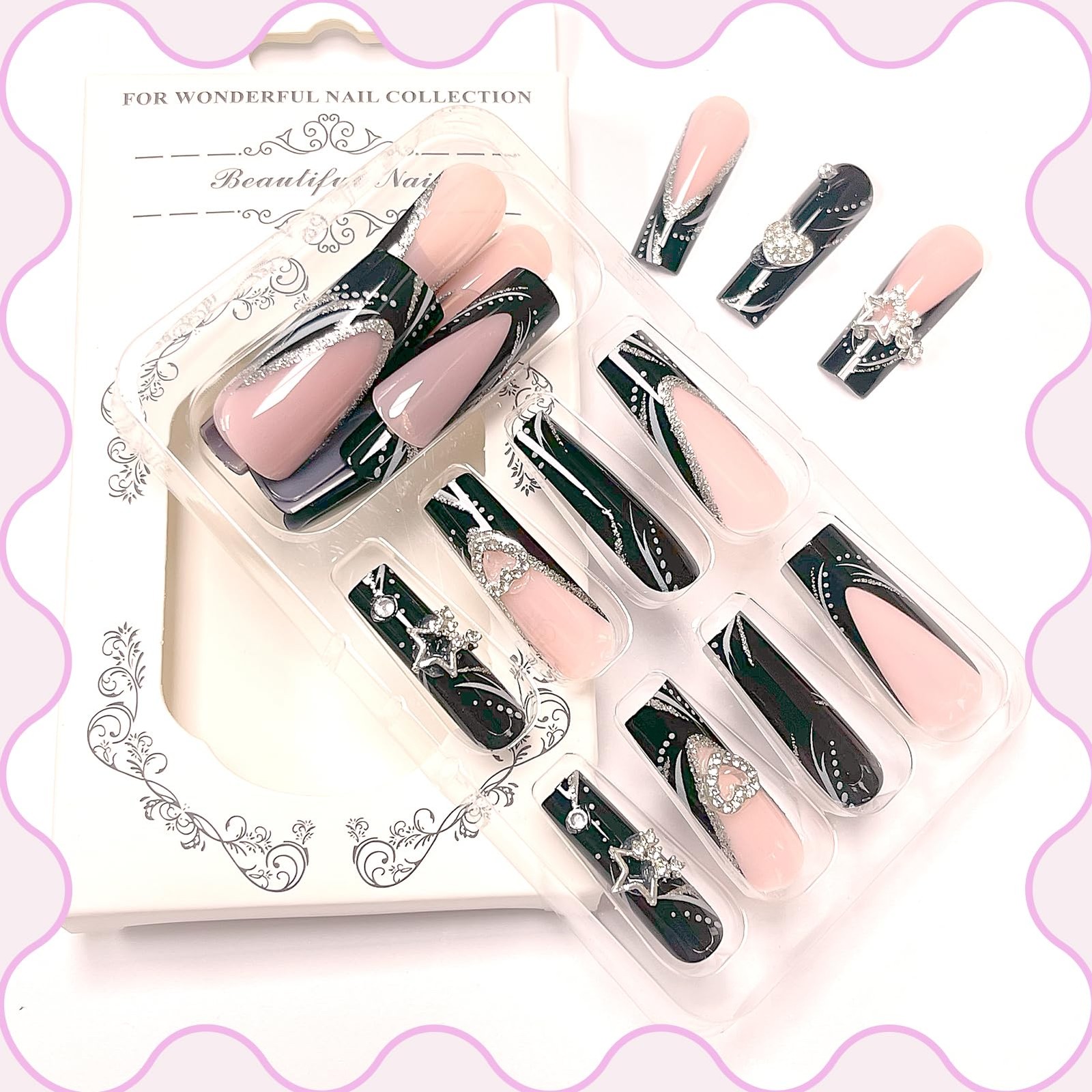 Long Press on Nails Black French Tip Long Fake Nail Coffin Press on Nails Squ…