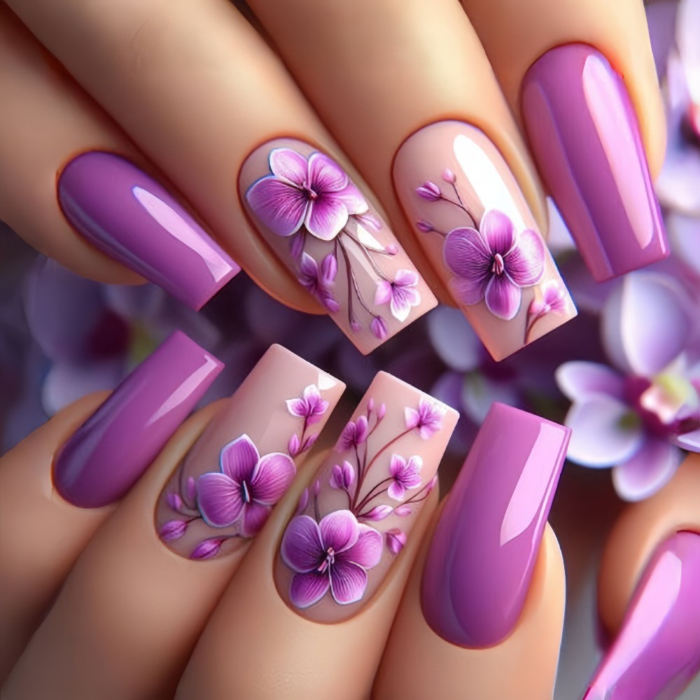 Floral Glossy, Long, Ballet-style, 24pcs Nail Tips, Detachable, Press-on Nails