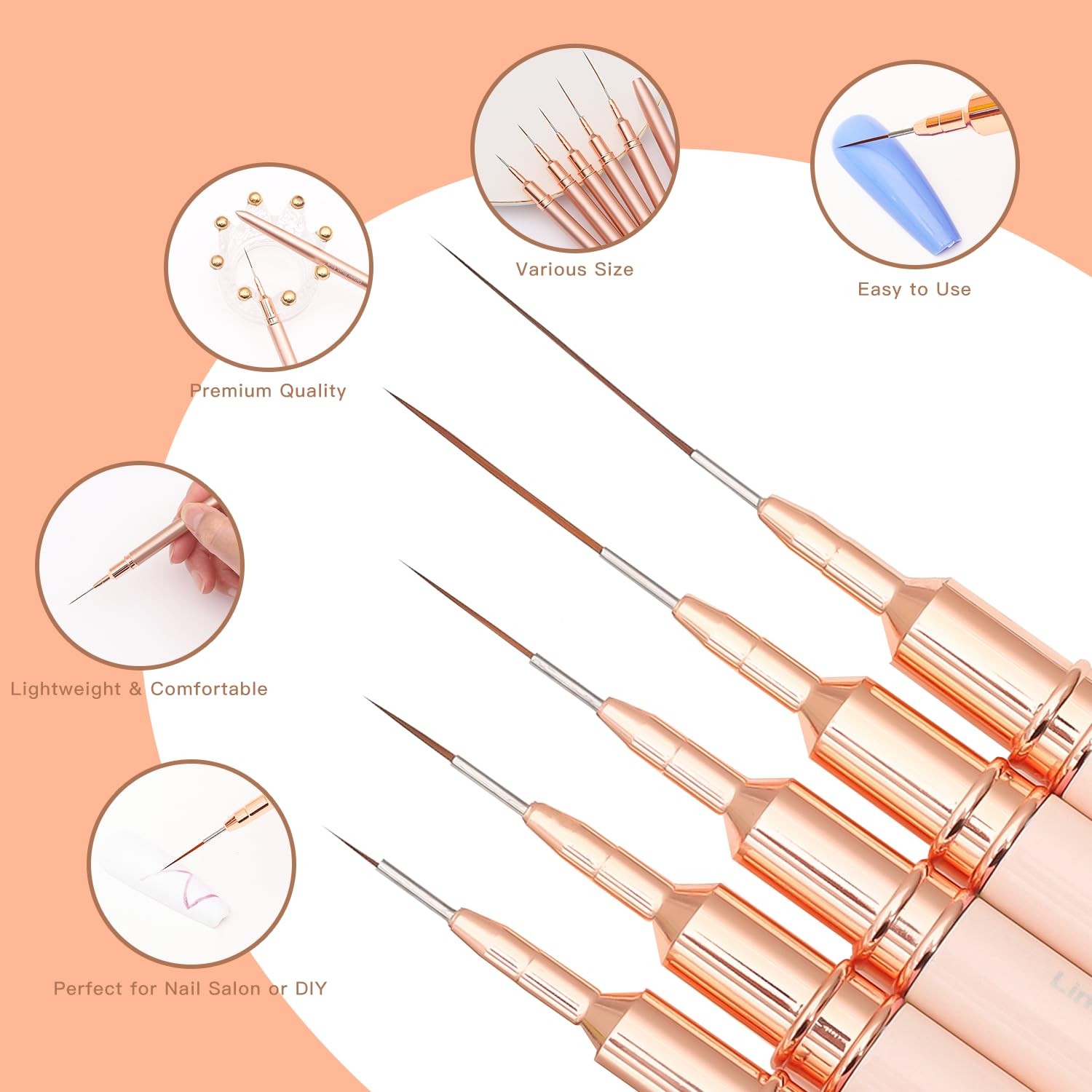 Komall Metallic Nail Art Brushes, 5Pcs Liner Brushes for Nails, Gold | For Long