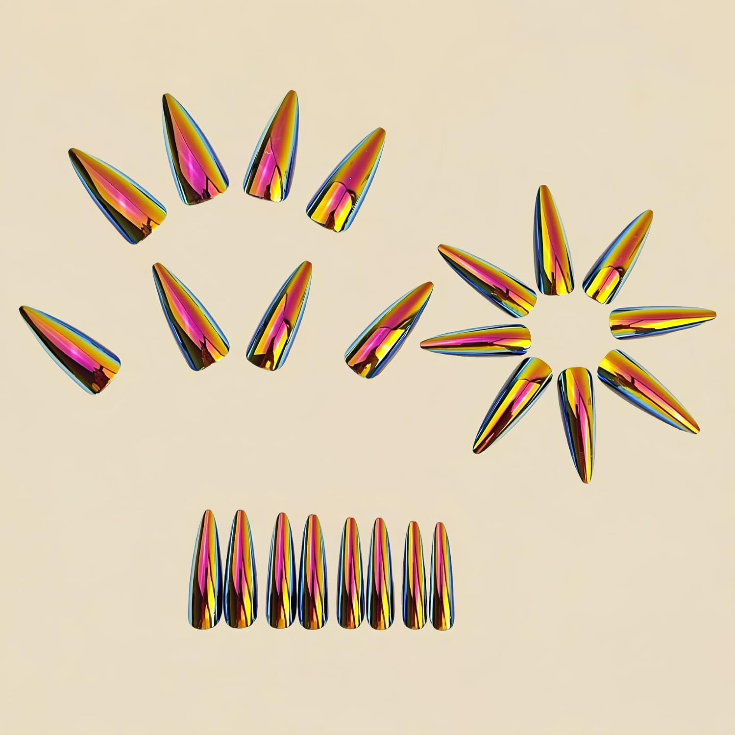 Gold Chrome Press on Nails Mirror Metal Stiletto Fake Nails Metallic Chrome Fals