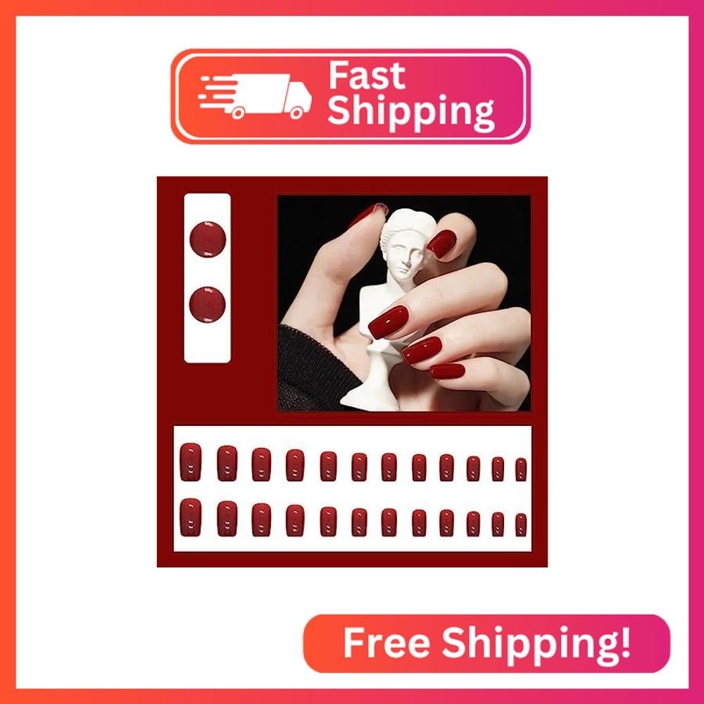 Red Press on Nails Medium Length Coffin Fake Nails Wine Red Acrylic Glue on Nail