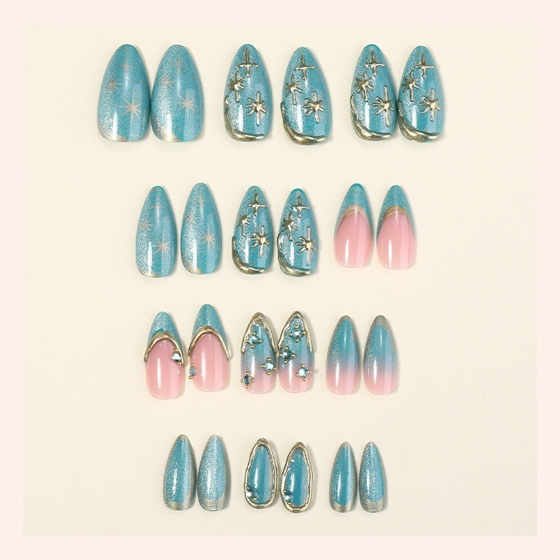 48Pcs-Teal Cat Eye Star Rhinestone Gold Line Long Elegant Almond Daily Nails