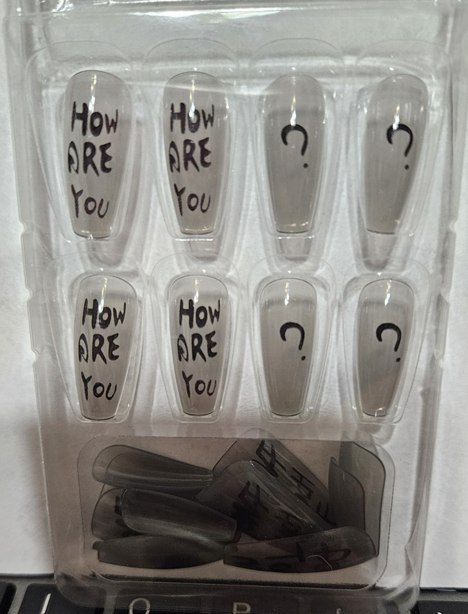 24 Pcs Press-On Nail Long Coffin Glossy – Light Gray w/Graffiti Messages
