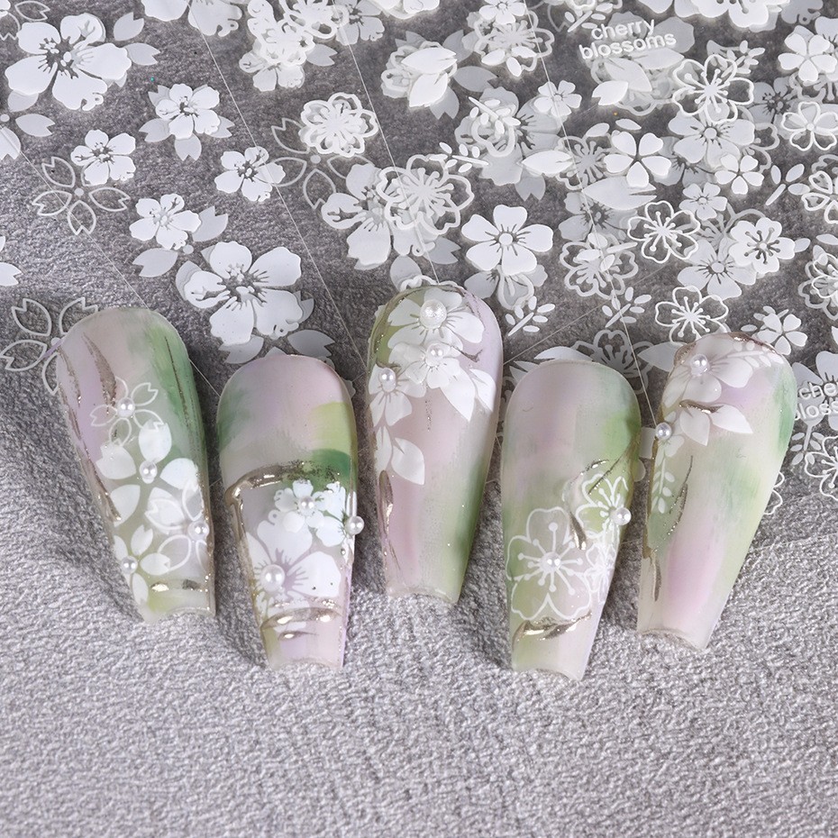 Pure White Cherry Blossoms Sakura Nail Sticker Flowers Outline Nail Decal