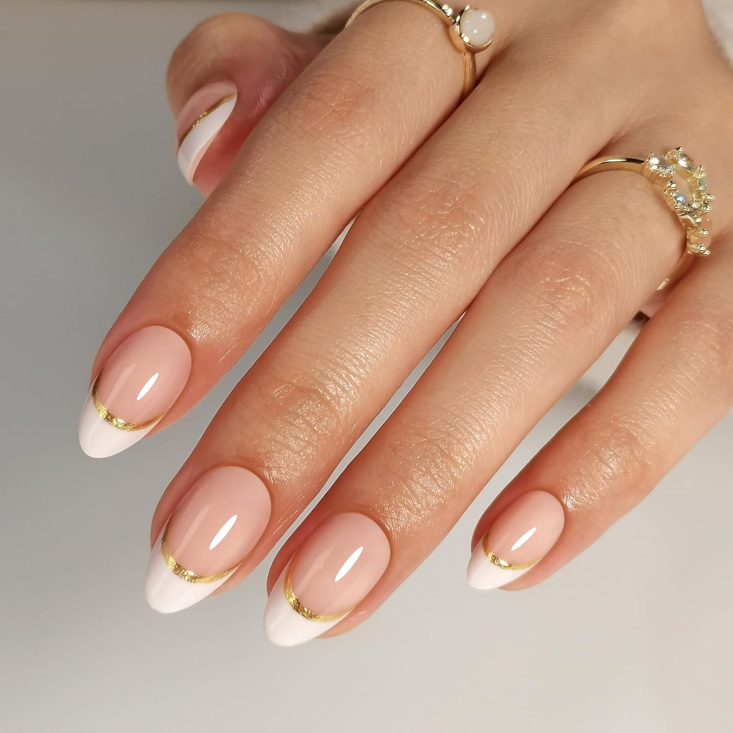 White French Tip Press on Nails with Gold Line Design – Soft Gel Valentines Almo