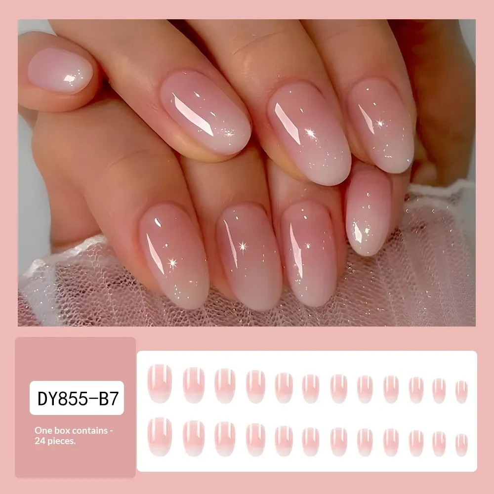 24Pcs Press On Nails Short Oval Pink White Ombre Minimalist False Nail Set Women