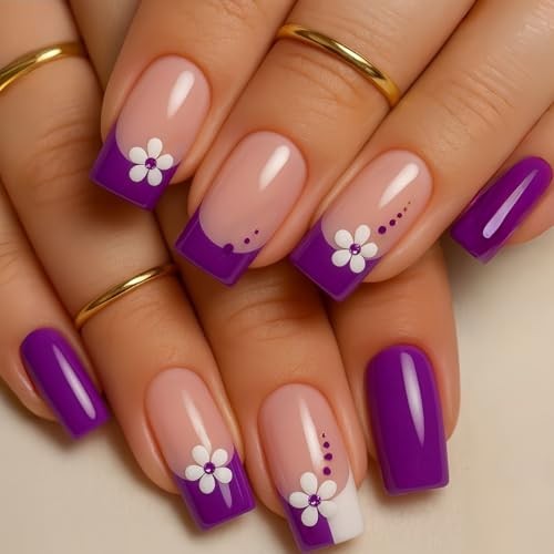 24Pcs Purple Press on Nails Medium Square French Fake Nails Press Design A12