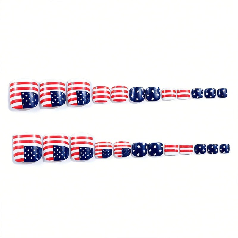 48pcs American Flag Fake Toenails, 4th of July Patriotic Press on Toenails