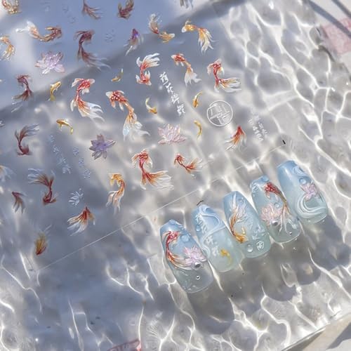 Nail Art Stickers Sparkly Koi Nail Stickers 5D Embossed Shell Light Goldfish
