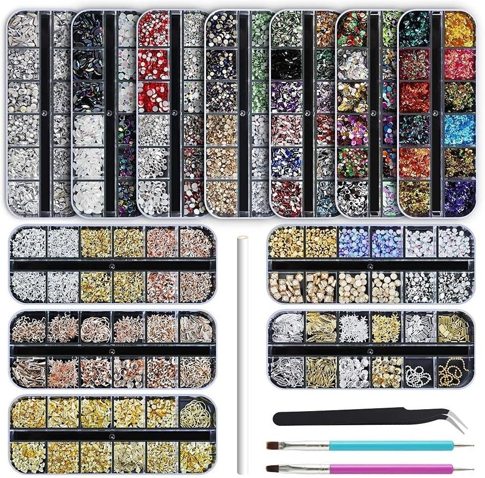 Versatile Nail Rhinestones Kit – 12 Boxes of Glitter Gems with Application Tools