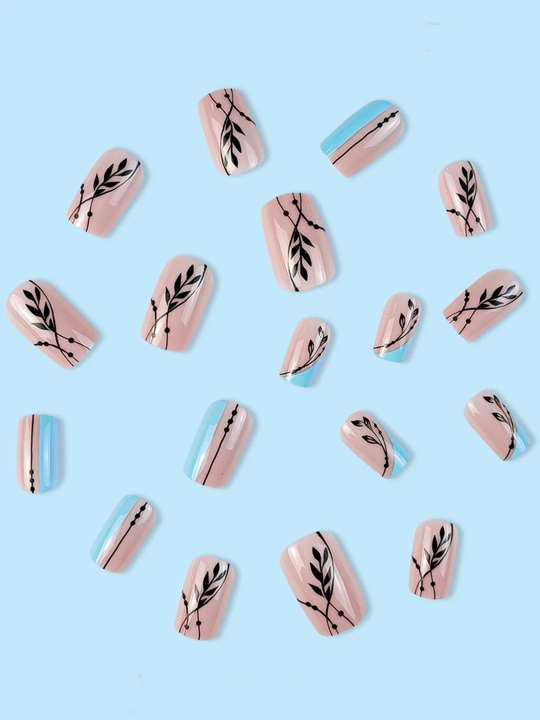 Secret Lives Acrylic Fake False Reusable Artifical Press On Nails Black Leaves