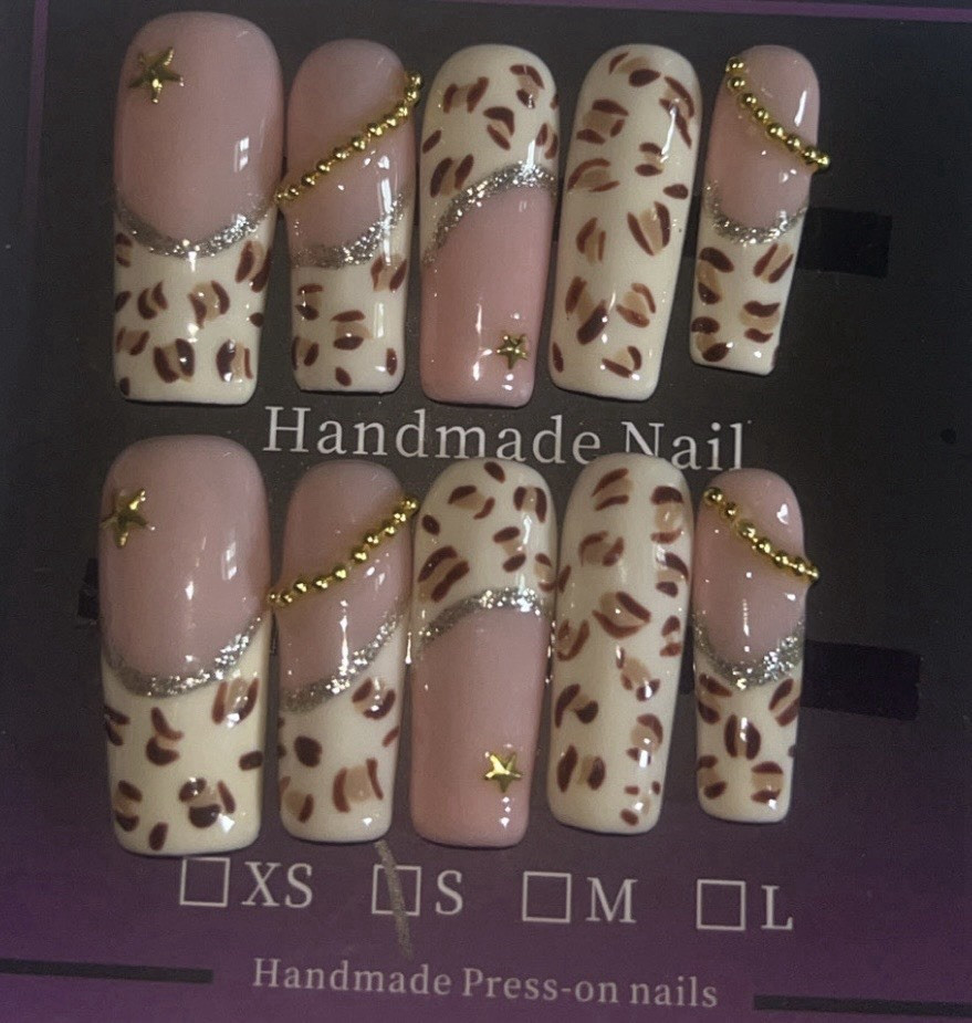 Handmade Animal Print Press-On Nails Set, Pink White Brown, Square Full Cover