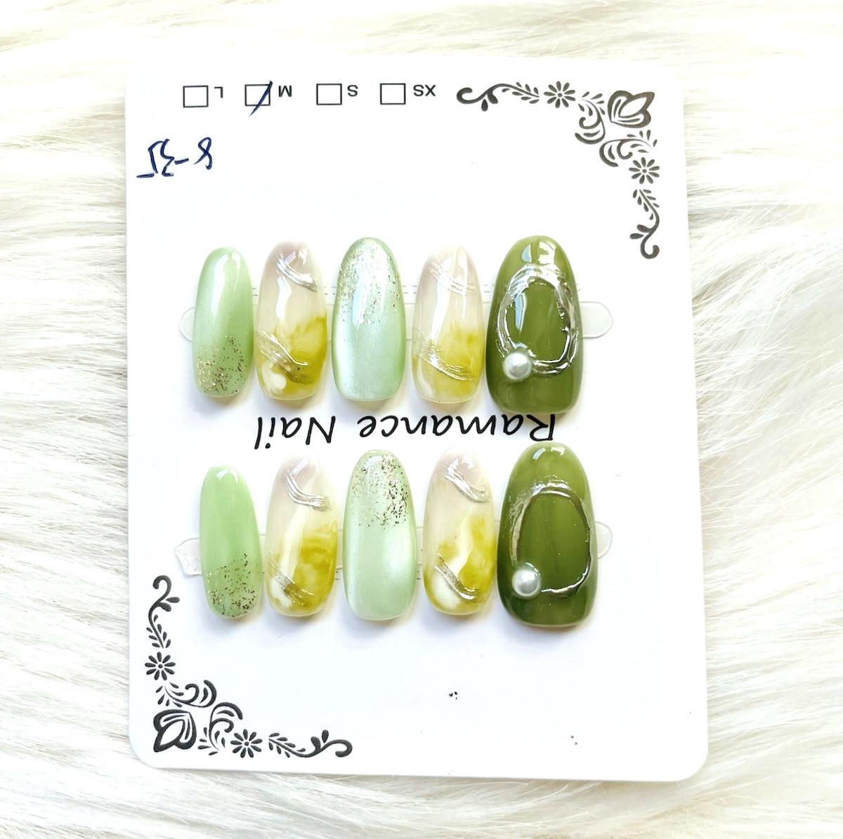 Green Silver Pearl Cateye Premium Press On Nails Size Medium, Long Length Almond