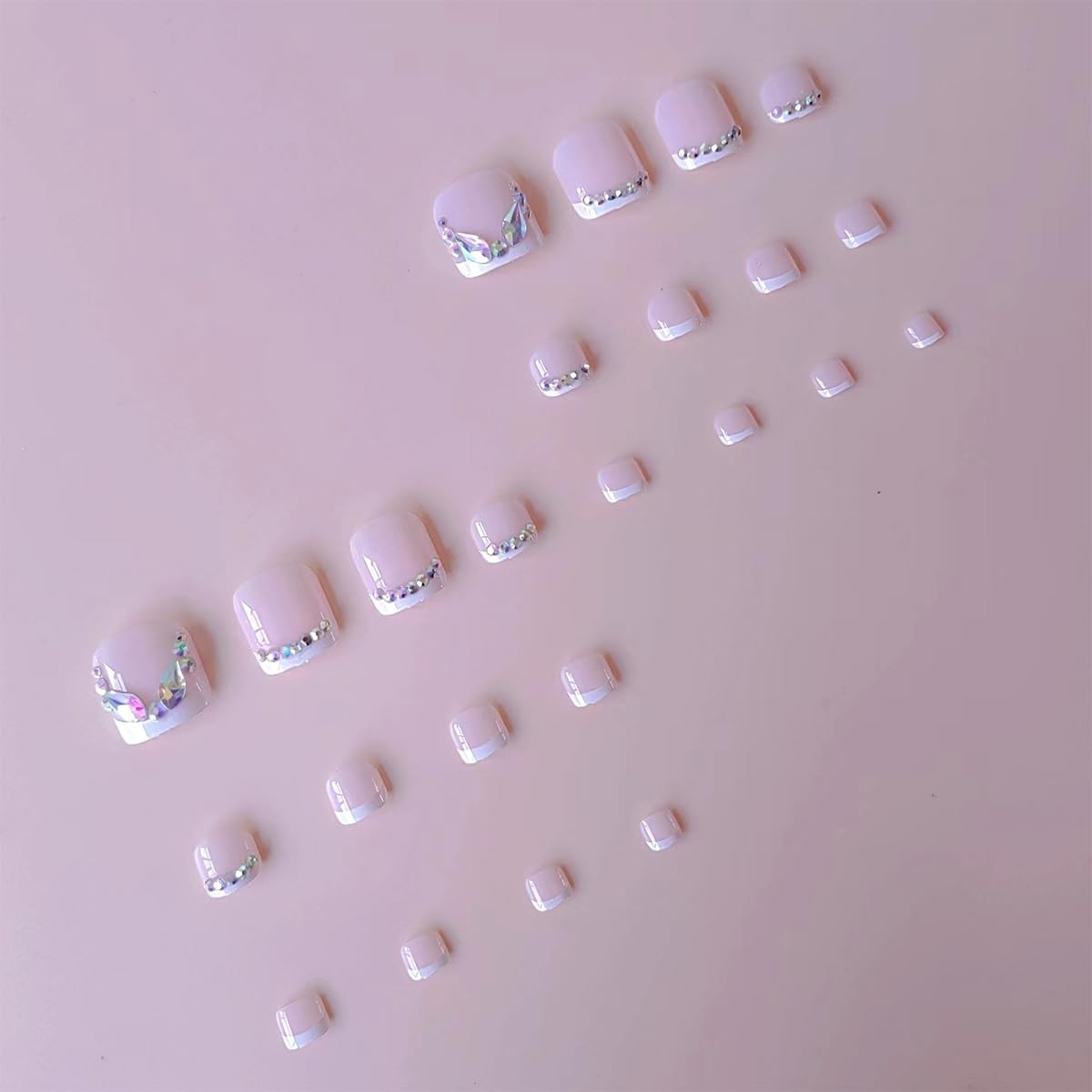 24Pcs Short Press on Toenails Square Fake Toenails with Rhinestones Design Wh…