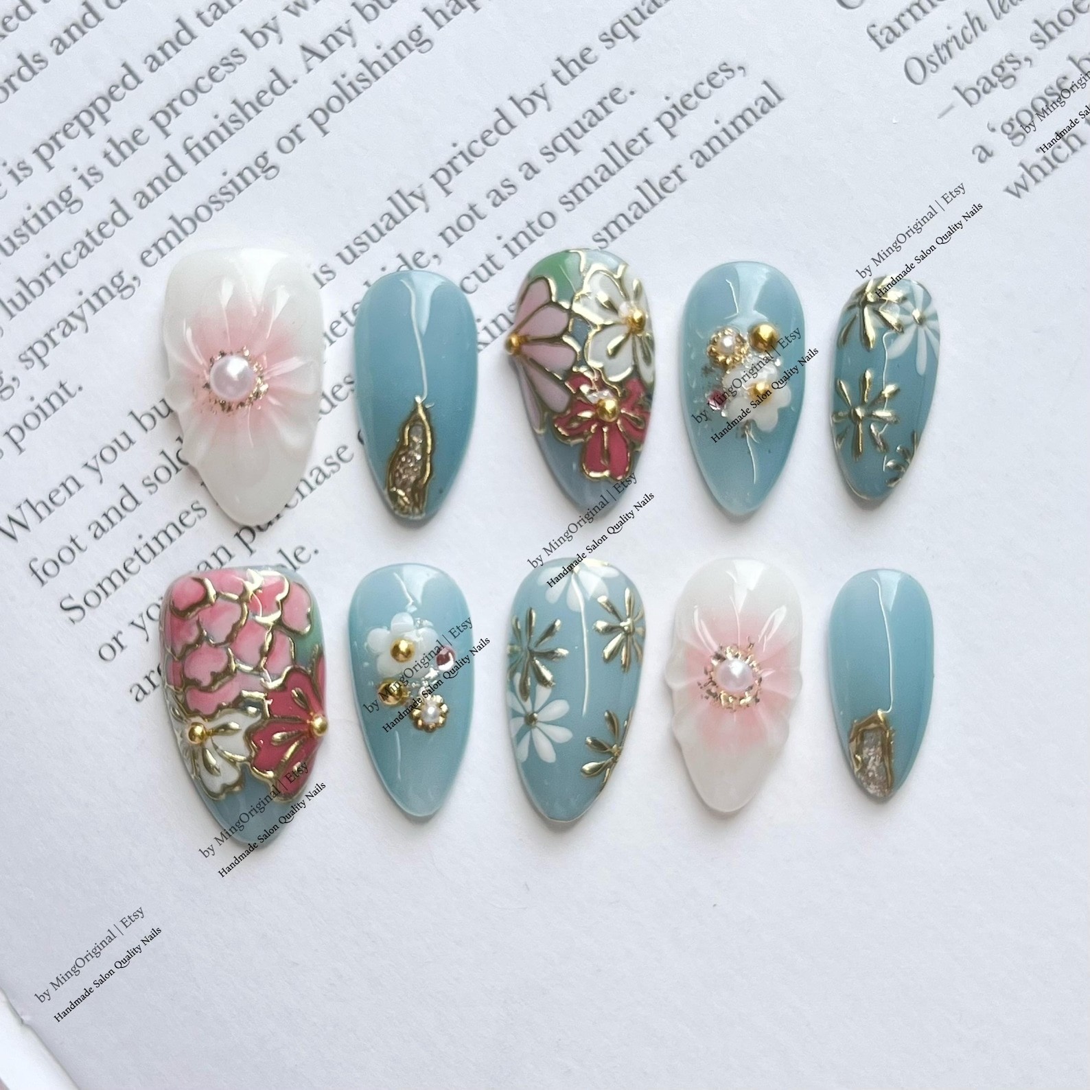Handmade 3D Daisy Peony Floral Gold Wire Pearl Medium Almond Press on Nails