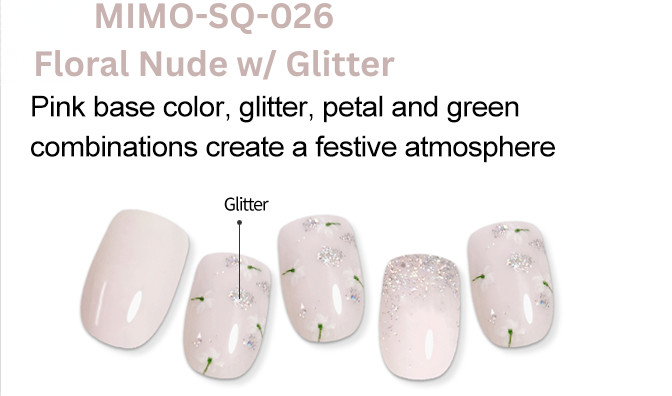 MIMO Press-On Nails Square/ Nude Pink with Floral and Silver Glitter Accents