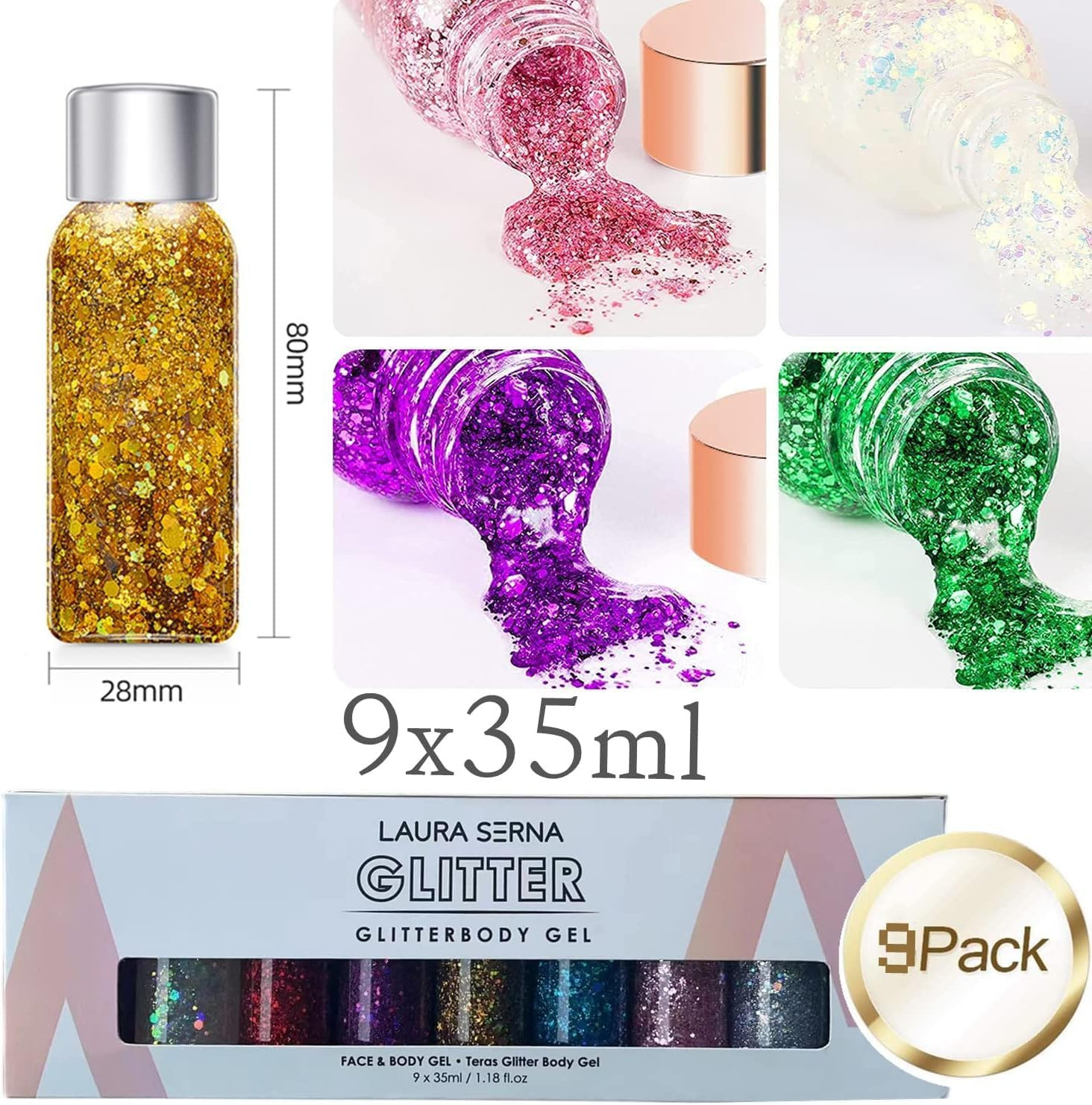 9 Pack Body Glitter Gel, Mermaid Sequin Chunky Glitter Face Hair Nail Lip Glitte