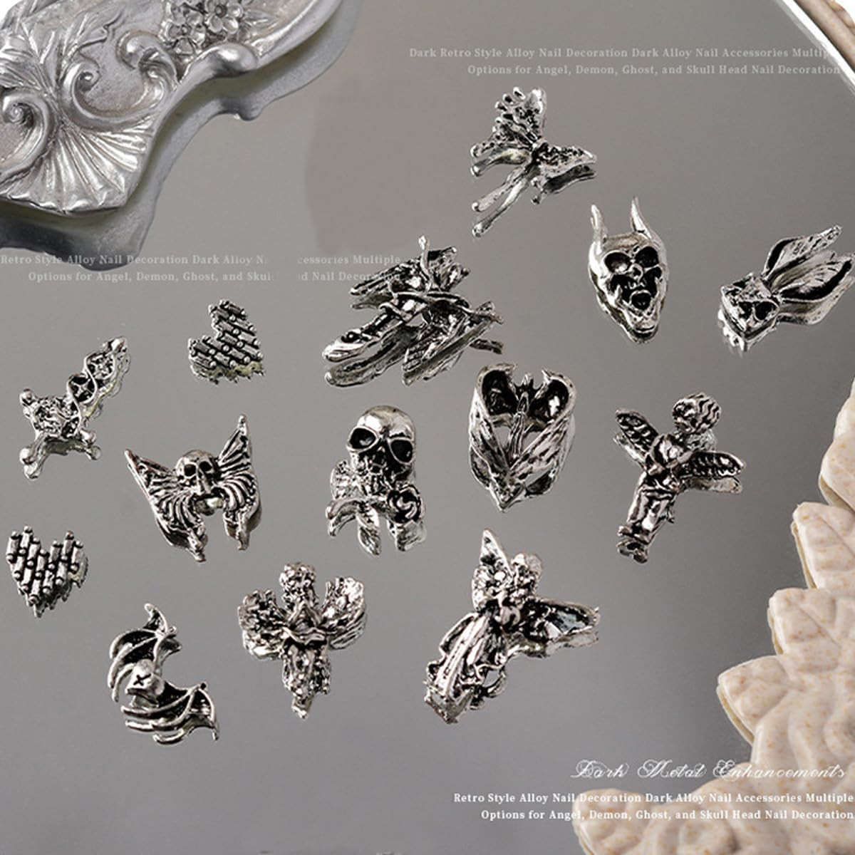 30 PCS 3D Nail Charms Halloween Nail Art Charms Antique Silver Love Shape Nail C