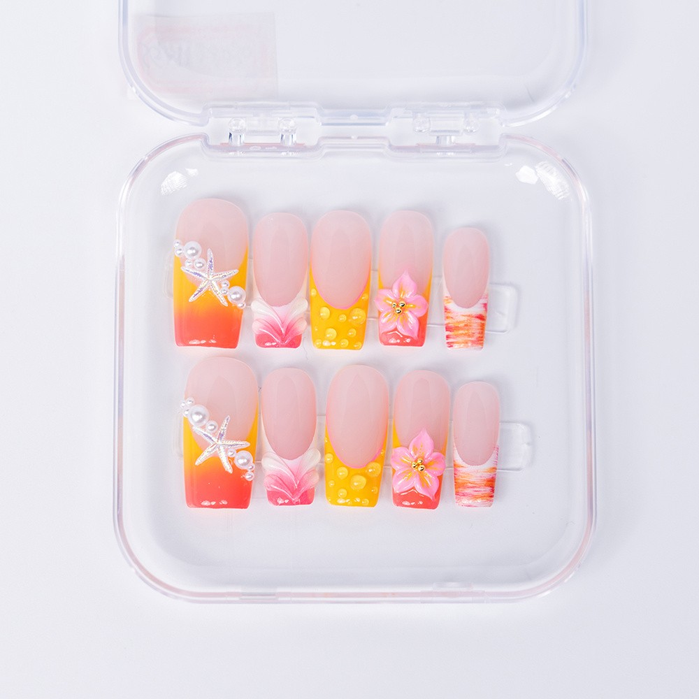 Handmade Square Press On Nails Floral Orange Pink Gradient Press On Nails S-L