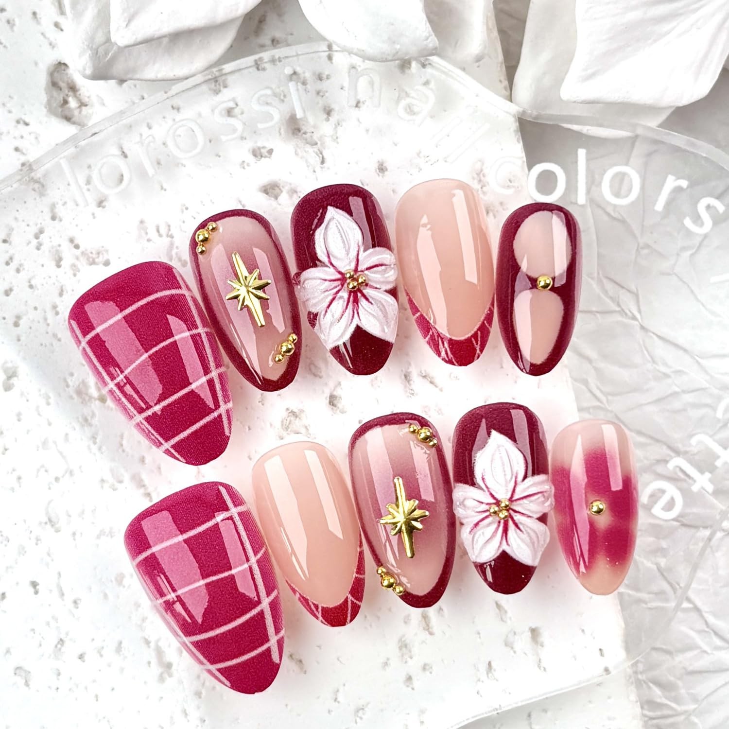 30Pcs Flower Press on Nails Medium Almond Fake Nails with Berry Red 3D Flower…