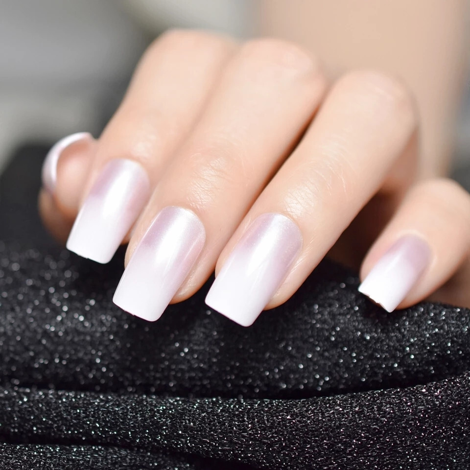 24 Medium Press on Nails kit glue on square pearl french ombre pink white
