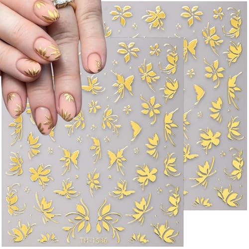 6 Sheets Gold Nail Stickers 3D Metallic Gold Flower Leaf Nail Stickers -5