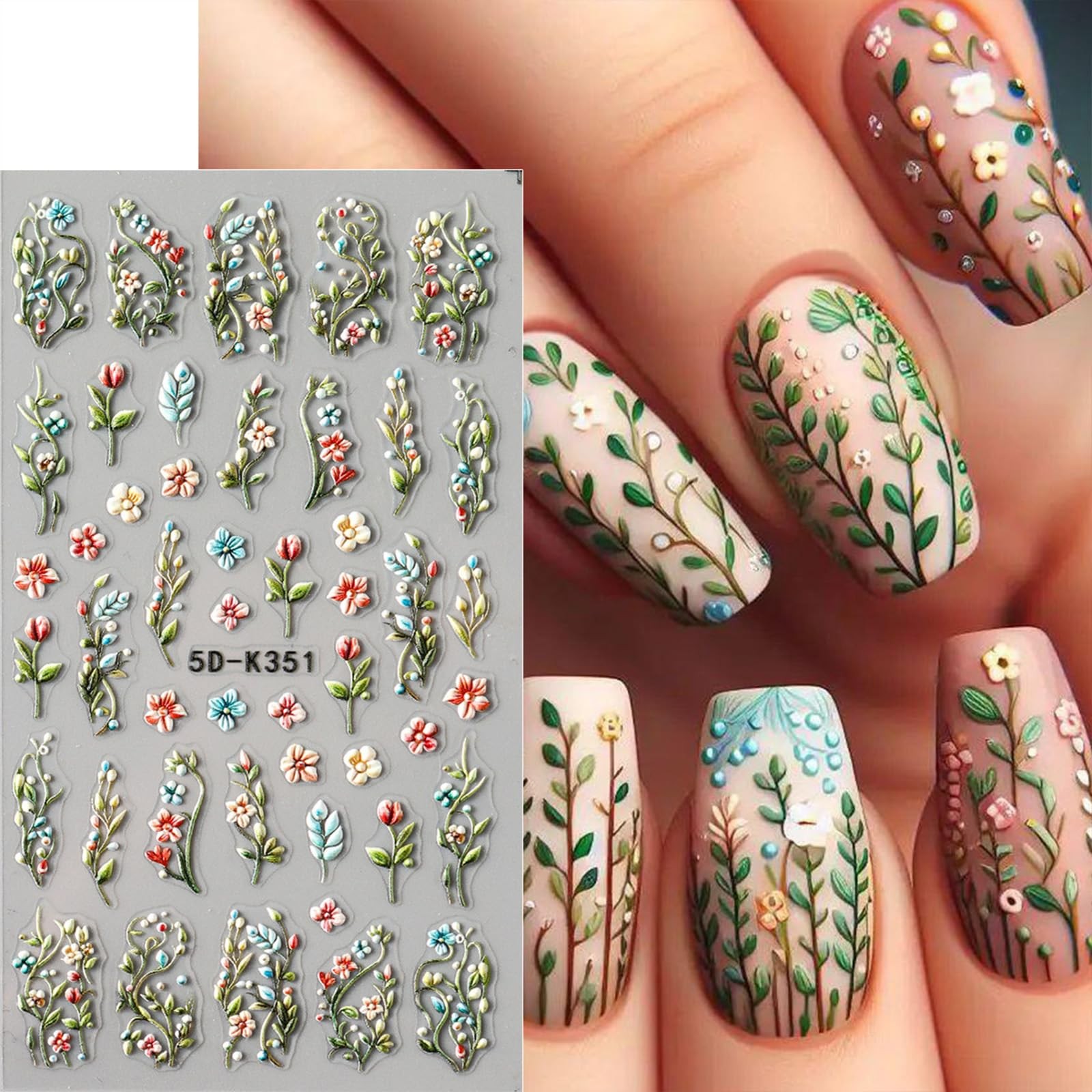 4 Sheets Elegant Spring Flower Nail Multicolour, Green, Orange, Yellow