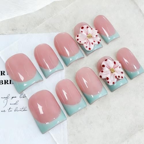 10 Pcs Handmade Press on Nails Short Square Fake Nails with 3D Handmade ss03