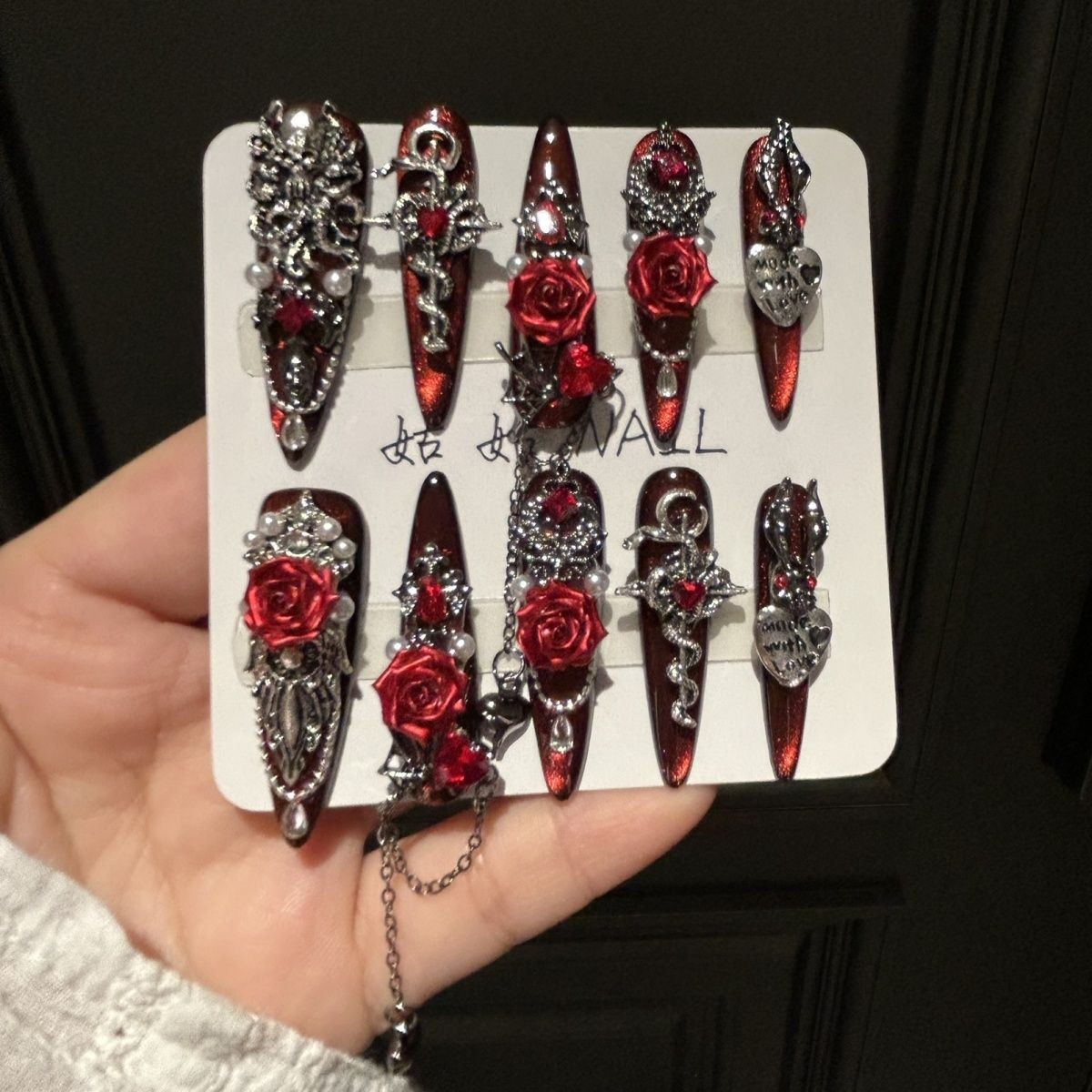 Handmade Gothic Rose Dark Nails Removable Press On Nails