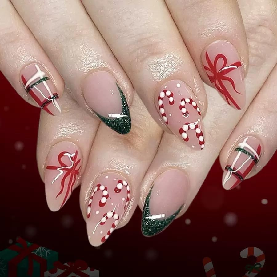 2 Packs 48Pcs Christmas Press on Nails Short Almond Fake Medium, Style 4