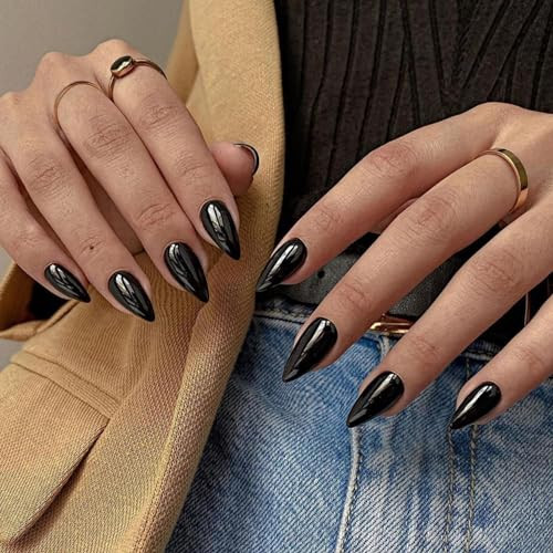 All Black Press on Nails Medium Almond Stiletto, Pure Color Glossy Black