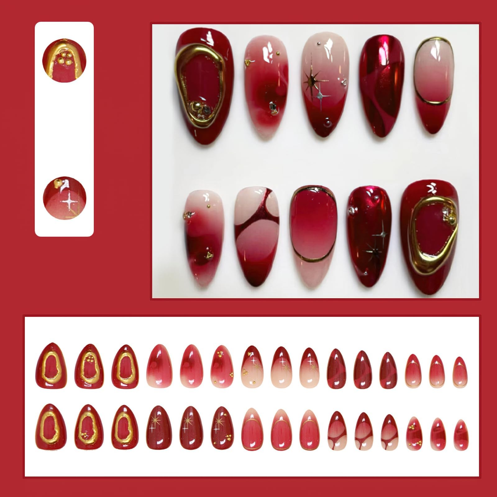 Jremg Red Press on Nails Short Almond Fake Medium Almond, Multicolor