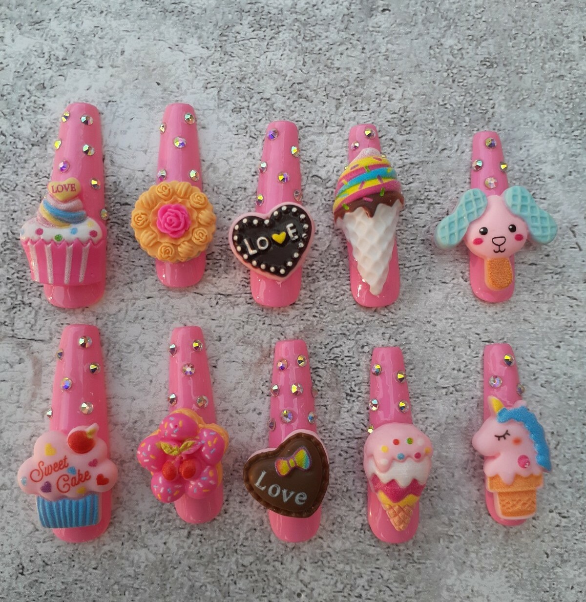 XXL -Long Pink Kawaii 3D Large Charms Junk Japanese Crystals Press on Nails