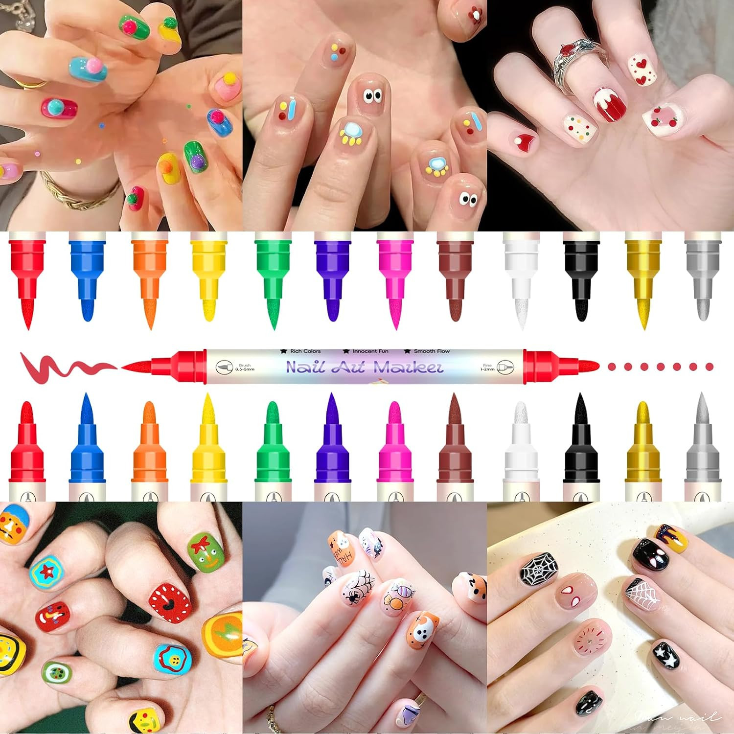 12 Colors Double-Ended Nail Art Markers Set, 3D Nail Polish Pens with Liner Brus