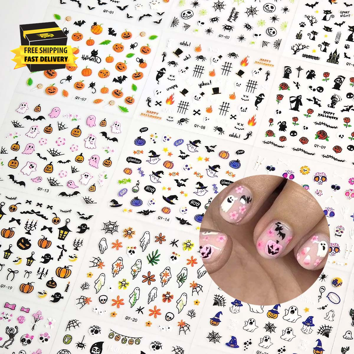 30 Sheets Halloween Nail Stickers for Women Girls & Kids,Cute Ghost Pumpkin Spid