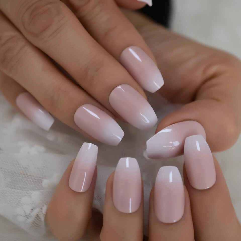 24 Medium Press on Nails kit glue on coffin ombre french pink white