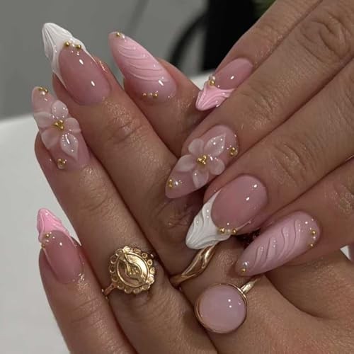 Medium Almond Press on Nails Flower Acrylic Fake Nails Press ons Design A01
