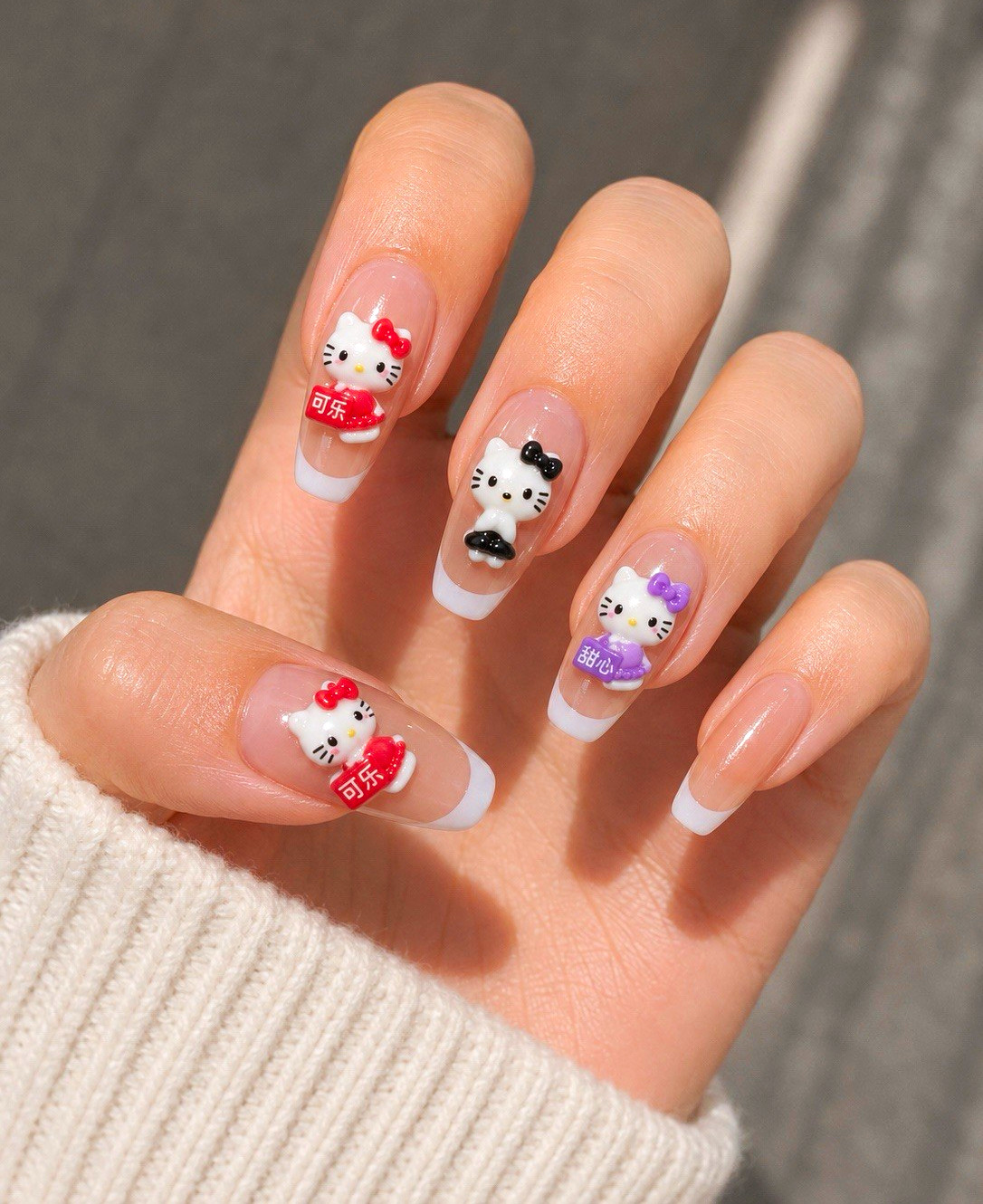 Press-On Nails French 3D Long Coffin Full Cover 12pcs Beige/White