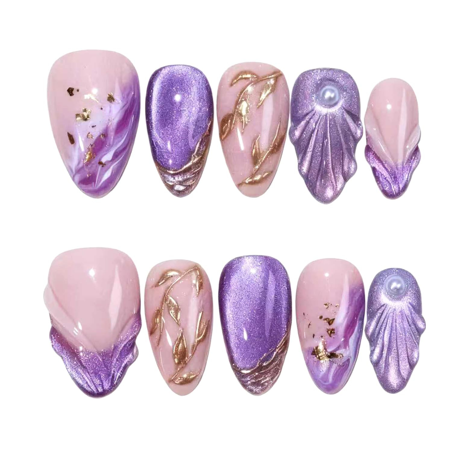 30Pcs Purple French Press on Nails Medium Almond Fake Nails with 3D Pearls Desig