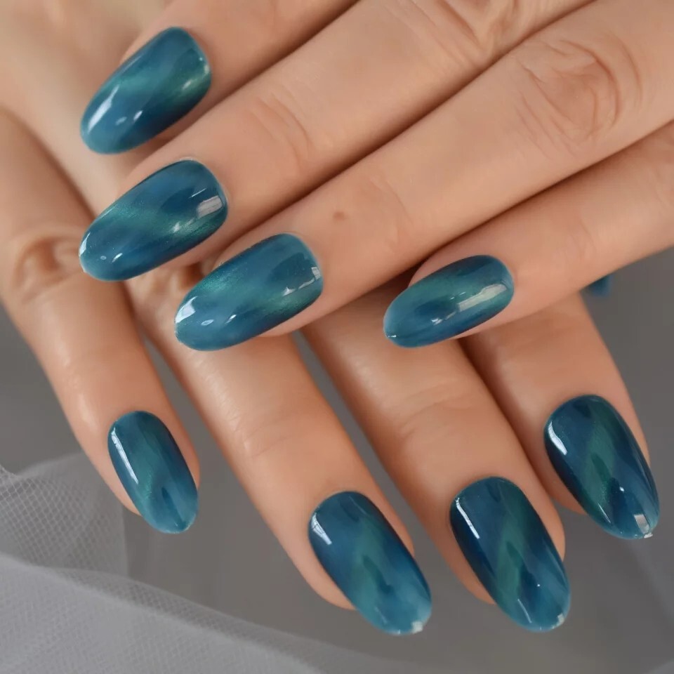 24 Aquamarine Galaxy Cat Eye Gel Press On Nails Glossy medium Blue magnet teal