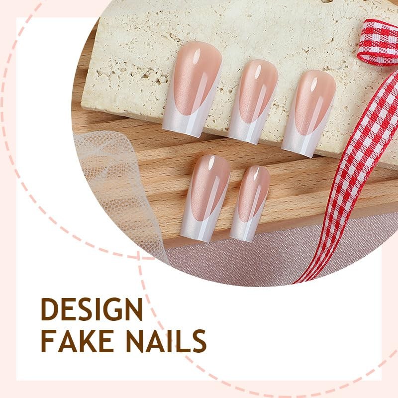 French Tip Press on Nails Medium Square Fake Nails Chrome Cat Eye False Nails…