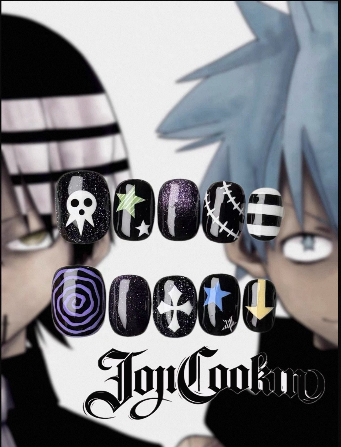 JoyCookun Anime Glitter Square Press-On Nails Black White Purple Green Blue