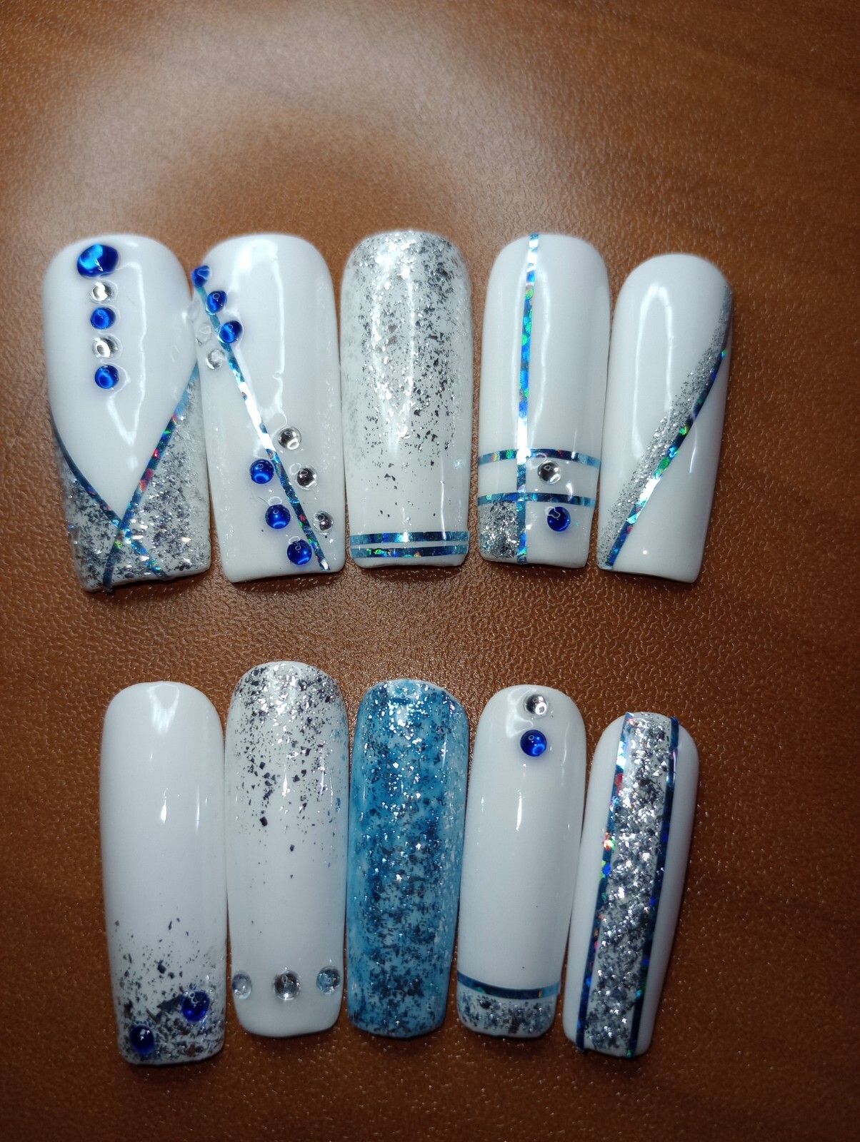 White/Blue Sparkle, XL Square, Full Coverage, Rhinestone, XL PressOns, Handmade