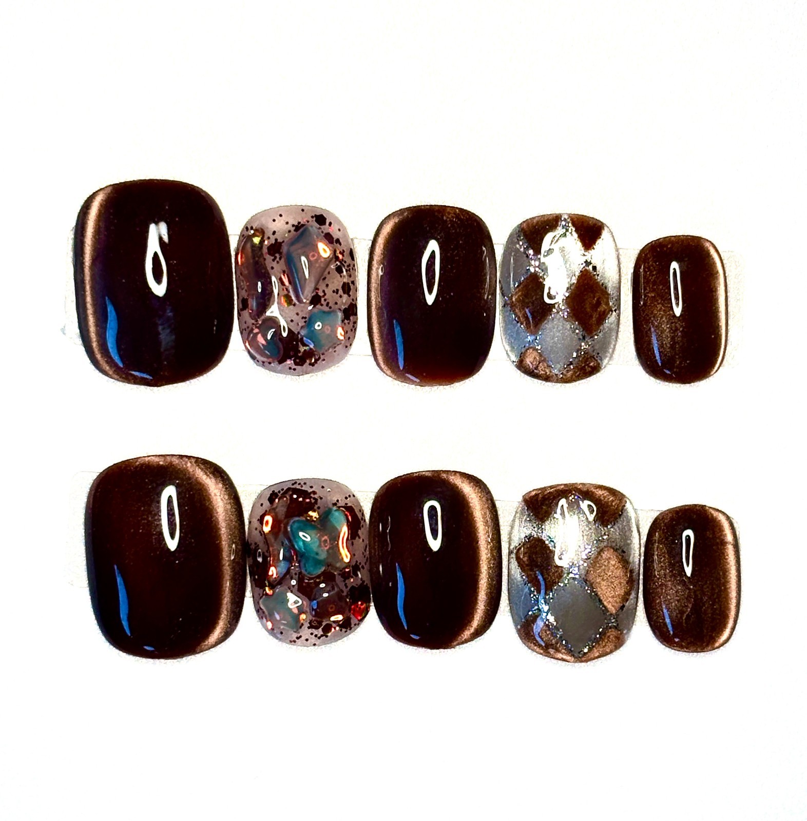 Deep Espresso Brown & Gold Flake Tortoise Press On Nails Size L Short