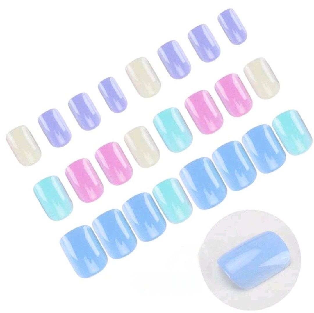 Press-On Nails Pastel Pink Pale Yellow-Green Lavender Blue Turquoise Short Shiny