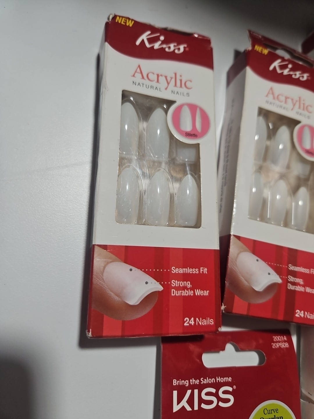 Kiss 24 ACRYLIC NATURAL LONG Glue-On False Nails 3 White 1 Purple 1 Blue Set Of5