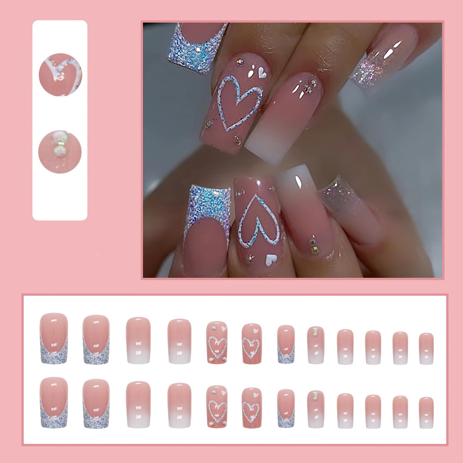 Blue Heart Press on Nails Medium Square Fake Nails Glossy Glitter French Tip