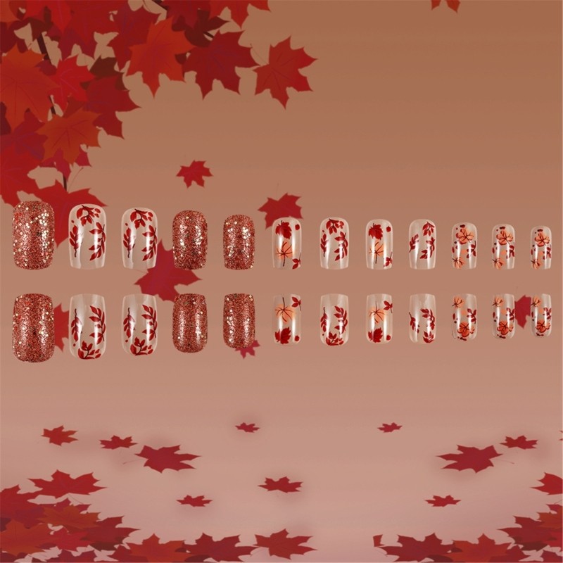 24pcs Stylish Fall Leaf Designs Artificial Nail False Nail For Any Occasion