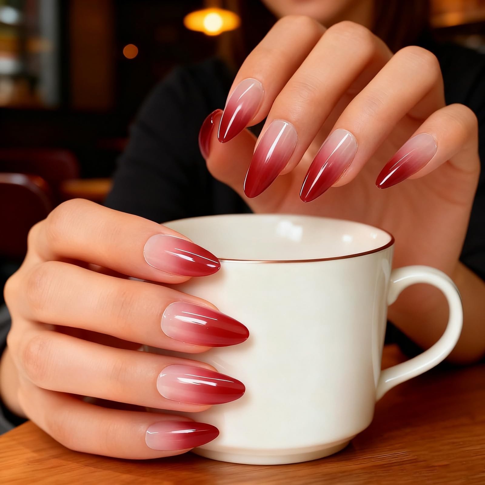 24PCS Fake Nails Ombre Dark Red Medium Long Reusable French False Nails Almon…