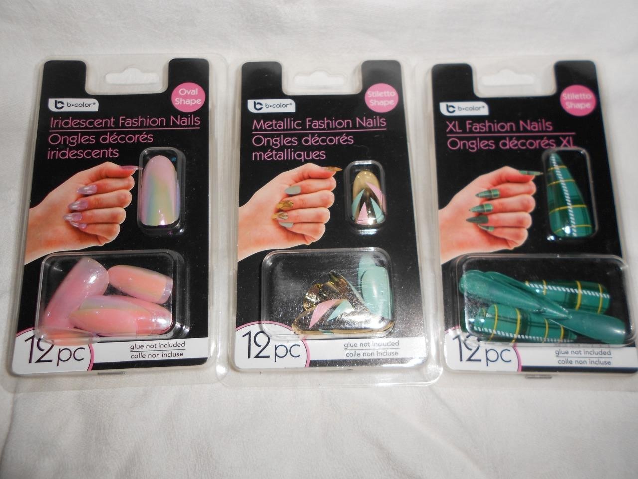 Lot 3 12pk B-Color XL Green Plaid, Iridescent & Gold Pink &Teal Fashion Nail NEW